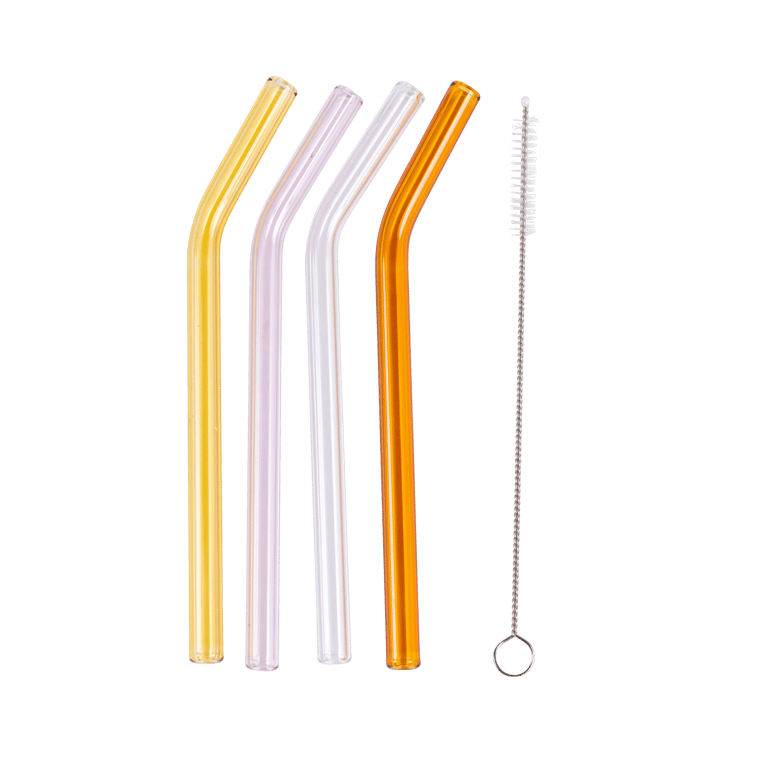 COLOR MIX Straws set of 4 with cleaning brush orange, yellow, transparent, pink, L 14 cm