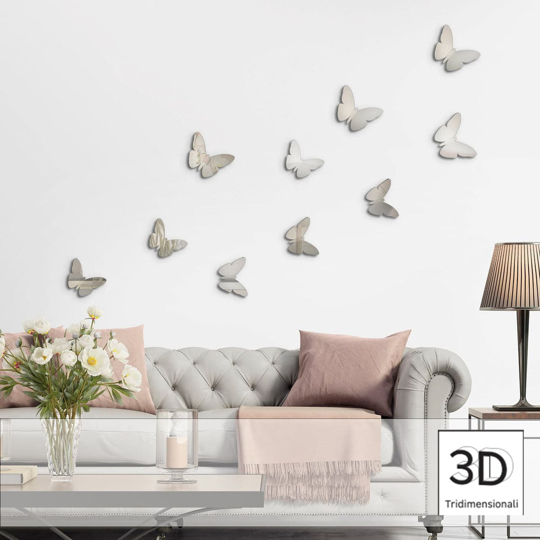 ADHESIVE 3D BUTTERFLY SHAPES SILVER 32X12CM