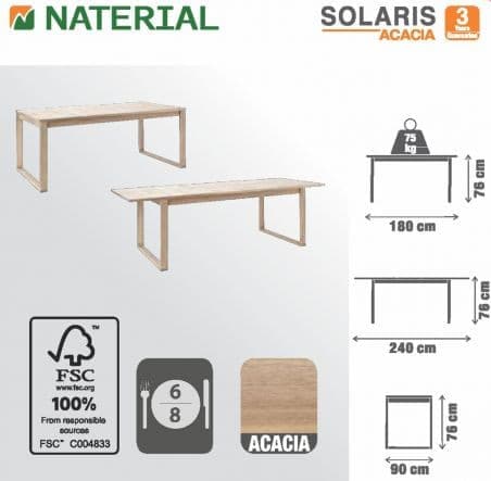 Bricocenter SOLARIS NATERIAL - Extendable Table - 6-8 seats rectangular - wood acacia 90x180-240xh75