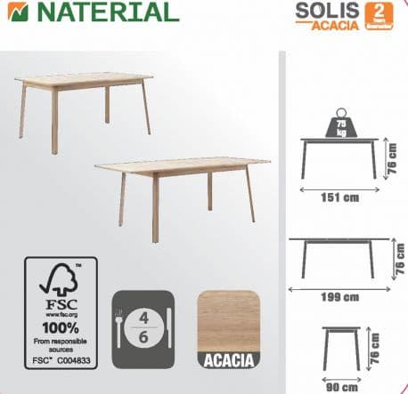 SOLIS NAZERIAL - Extendable table - 4-6 seats rectangular wood acacia - 90x151-199xh75 - best price from Maltashopper.com BR500011198