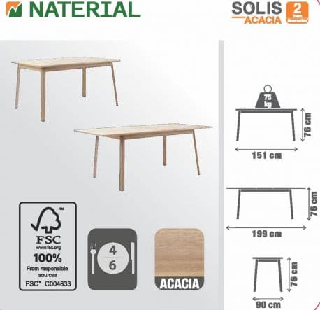 Bricocenter SOLIS NAZERIAL - Extendable table - 4-6 seats rectangular wood acacia - 90x151-199xh75