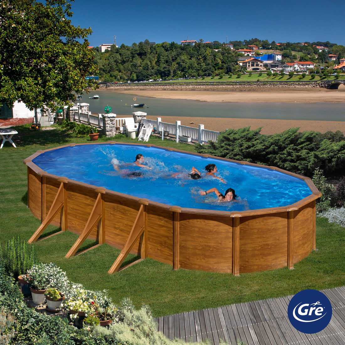 OVAL POOL WITH WOODEN DECORATION 730X375 H 120 WITH SAND FILTER - best price from Maltashopper.com BR500015848