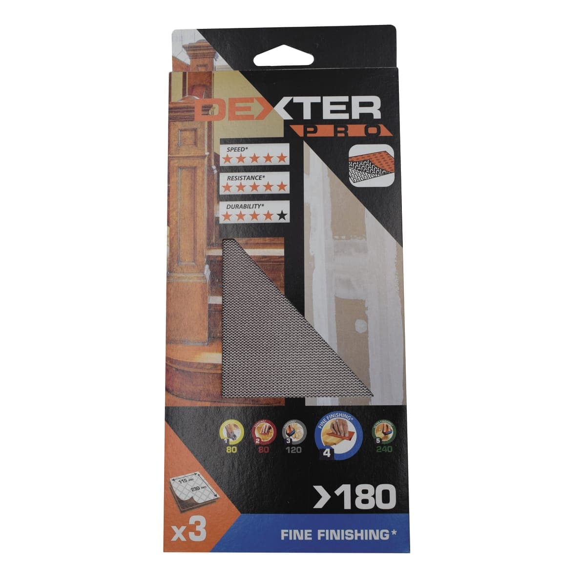 Bricocenter SANDING NET FOR DEXTER PRO ORBITAL SANDER, FOR WOOD, 115X230MM GRIT 180, 3 PIECES