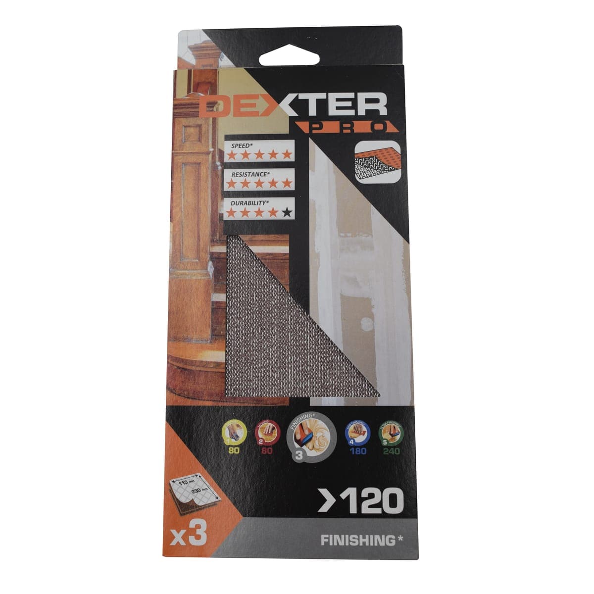 Bricocenter SANDING NET FOR DEXTER PRO ORBITAL SANDER, FOR WOOD, 115X230MM GRIT 120, 3 PIECES