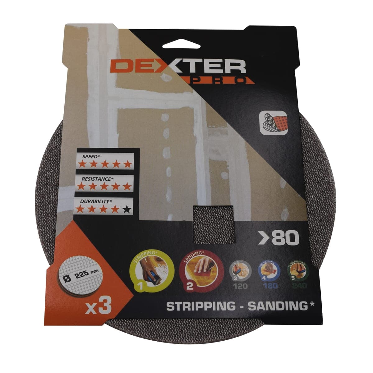 Bricocenter SANDING NET FOR DEXTER PRO ROTO-ORBITAL WALL SANDER 225 MM, GRIT 80, 5 PIECES