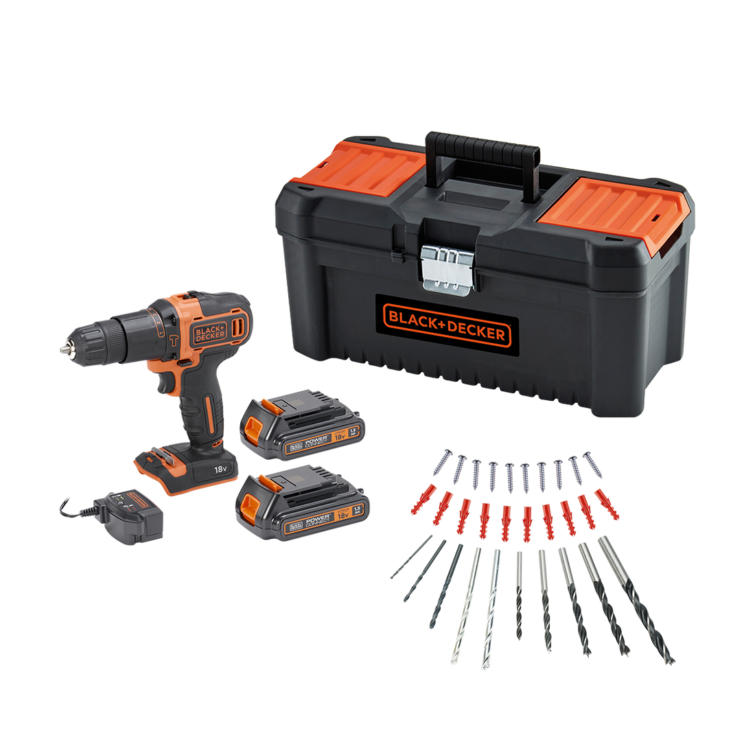 POWER DRILL BLACK&amp;DECKER 18V WITH 2 X 1.5AH BATTERIES WITH 16 INCH CASE AND DRILL BIT SET - best price from Maltashopper.com BR400003582