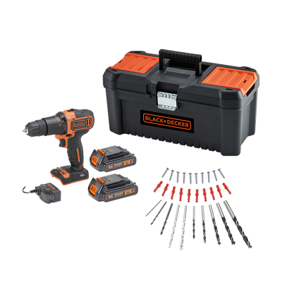 POWER DRILL BLACK&amp;DECKER 18V WITH 2 X 1.5AH BATTERIES WITH 16 INCH CASE AND DRILL BIT SET - best price from Maltashopper.com BR400003582