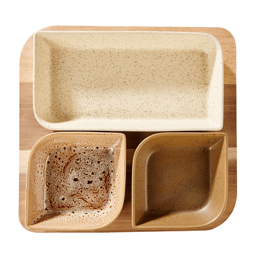 Casa MAKSU 4 piece square tapas set brown, natural, olive green, sand, H 4,5 x W 28 x D 28 cm