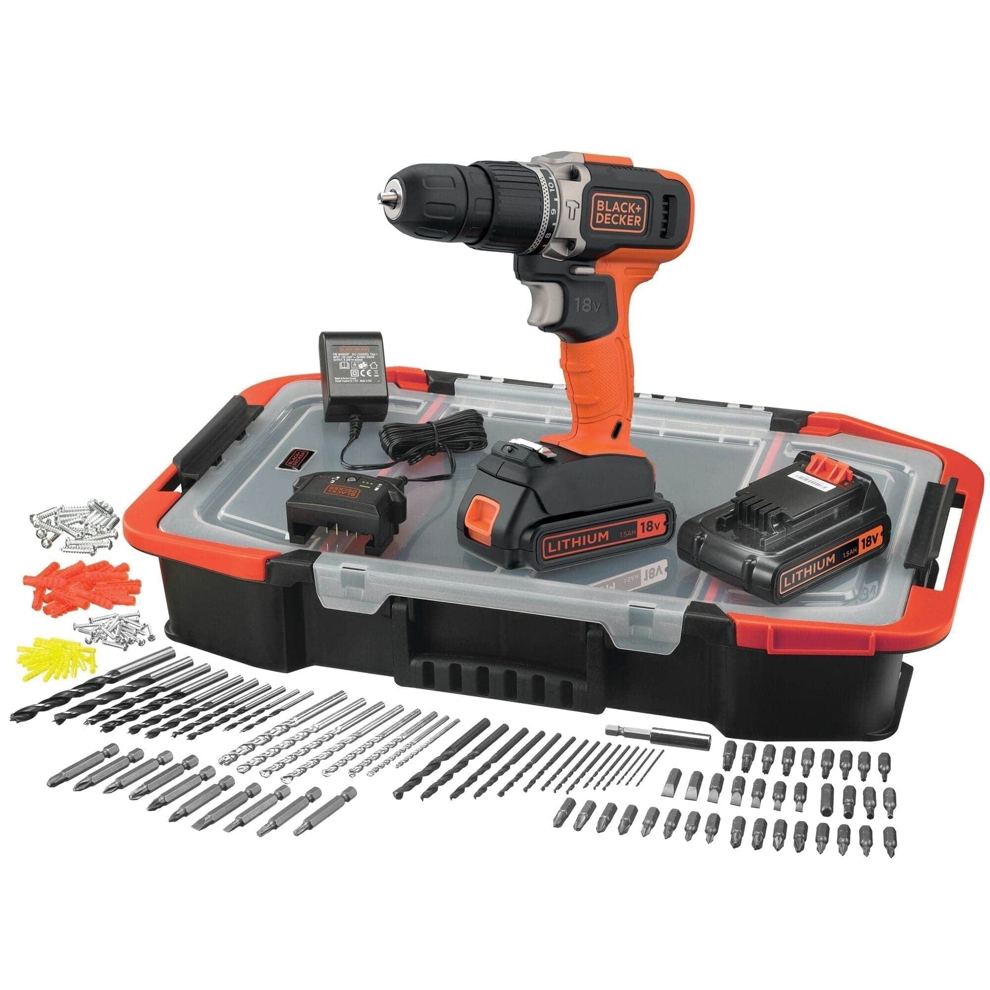 BLACK&DECKER 18V IMPACT DRILL DRIVER + 2 X 1.5AH BATTERIES + 160 ACCESSORIES