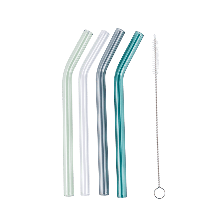 COLOR MIX Straws set of 4 with cleaning brush grey, green, blue, transparent, L 14 cm