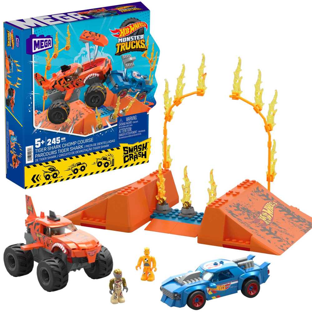 MEGA Hot Wheels Monster Trucks Building Toy Car, Smash & Crash Tiger Shark Chomp Course