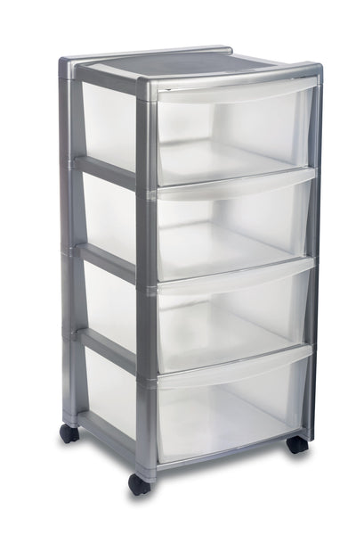 SILVER CABINET 4 TRANSPARENT DRAWERS H80xW40xD40CM PLASTIC CABINET WITH WHEELS - best price from Maltashopper.com BR410006816