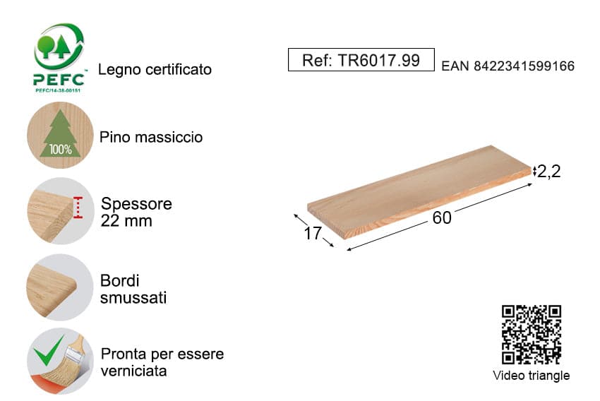 SOLID PINE WALL SHELF 60X17CM THICKNESS 22MM