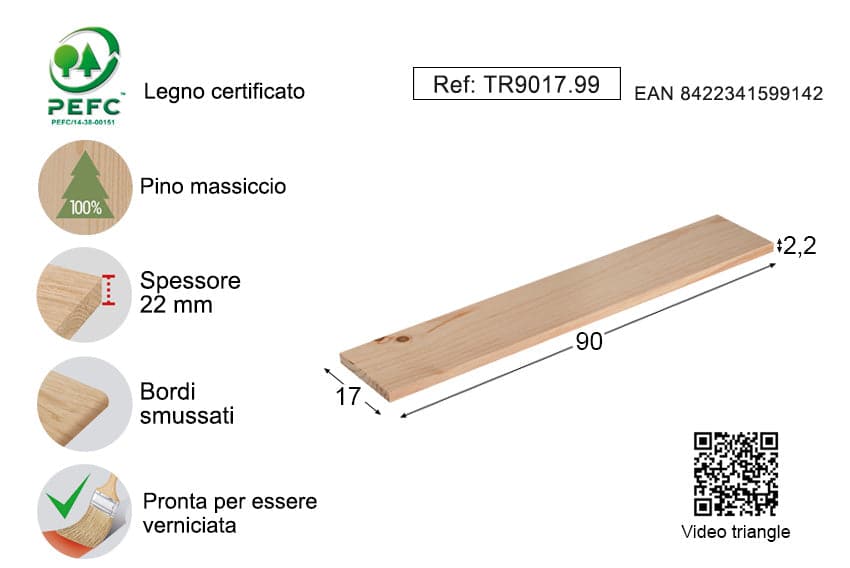 WALL SHELF SOLID PINE 90X17CM THICKNESS 22MM