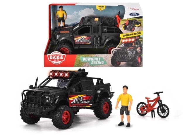 Dickie - Downhill Racing with Ford Raptor in scale 1:24 with bike racks, opening parts, lights and sounds, figure and e-bike