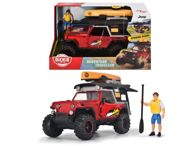 Dickie - Adventure Traveler with Jeepster Commando in 1:24 scale with camping roof, opening parts, lights and sounds, canoe, oar, figure