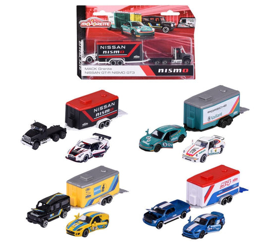 Toys Majorette Race Trailer - 4asst. trailer with caravan and two cars in 1:64 scale, opening or moving parts