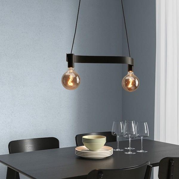 Ikea ACKJA / MOLNART - Pendant lamp with bulb, wavy black/globe transparent glass grey