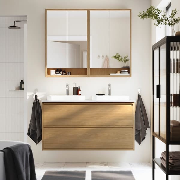 Ikea ÄNGSJÖN / BACKSJÖN - Washing/drawer/blender cabinet, oak/white marble effect,122x49x71 cm