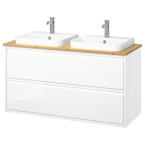 ÄNGSJÖN / BACKSJÖN - Washbasin/drawer/mixer unit, glossy white/amber,122x49x71 cm