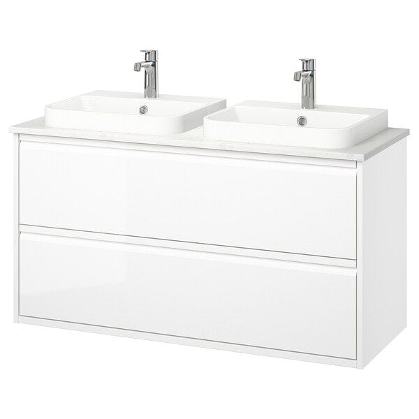Ikea ÄNGSJÖN / BACKSJÖN - Washbasin/drawer/mixer unit, glossy white/marble white effect,122x49x71 cm