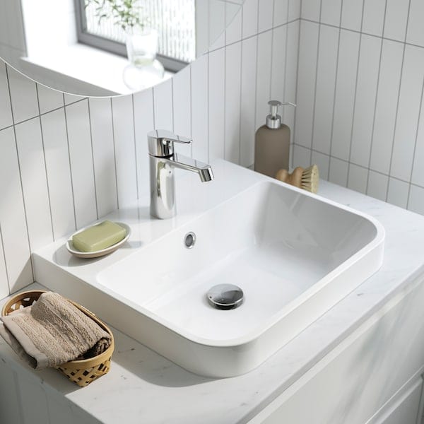 Ikea ÄNGSJÖN / BACKSJÖN - Washbasin/drawer/mixer unit, glossy white/marble white effect,122x49x71 cm