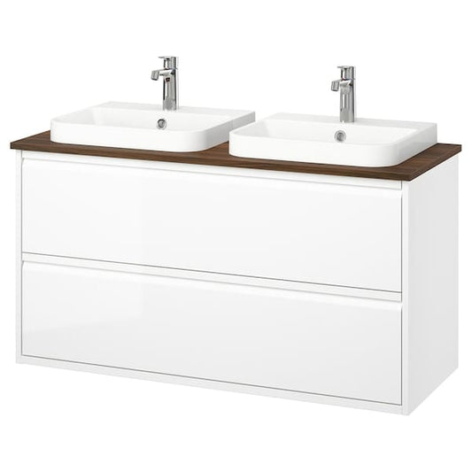 Ikea ÄNGSJÖN / BACKSJÖN - Washing/drawer/blender cabinet, glossy white/brown walnut effect,122x49x71 cm