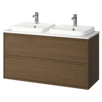 ÄNGSJÖN / BACKSJÖN wash-stnd w drawers/wash-basin/taps, brown oak effect/white marble effect, 122x49x71 cm