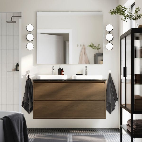 Ikea ÄNGSJÖN / BACKSJÖN - Washing/drawer/mixer unit, oak-effect brown/marble-effect black,122x49x71 cm