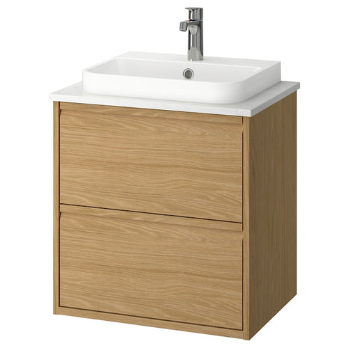 ÄNGSJÖN / BACKSJÖN - Washbasin/drawer unit/misc, oak/white marble effect,62x49x71 cm