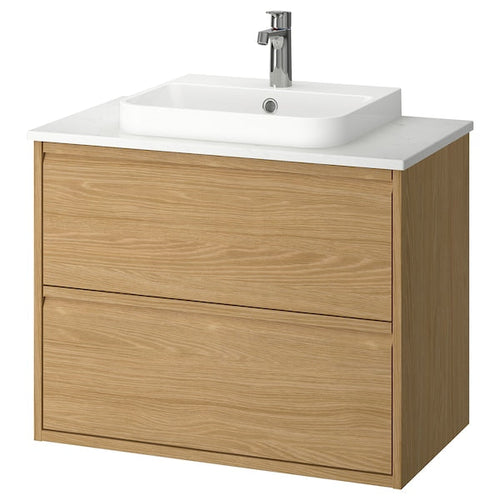 ÄNGSJÖN / BACKSJÖN - Washbasin/drawer unit/misc, oak/white marble effect,82x49x71 cm