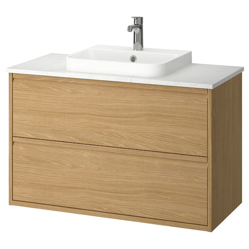 ÄNGSJÖN / BACKSJÖN - Washbasin/drawer unit/misc, oak/white marble effect,102x49x71 cm