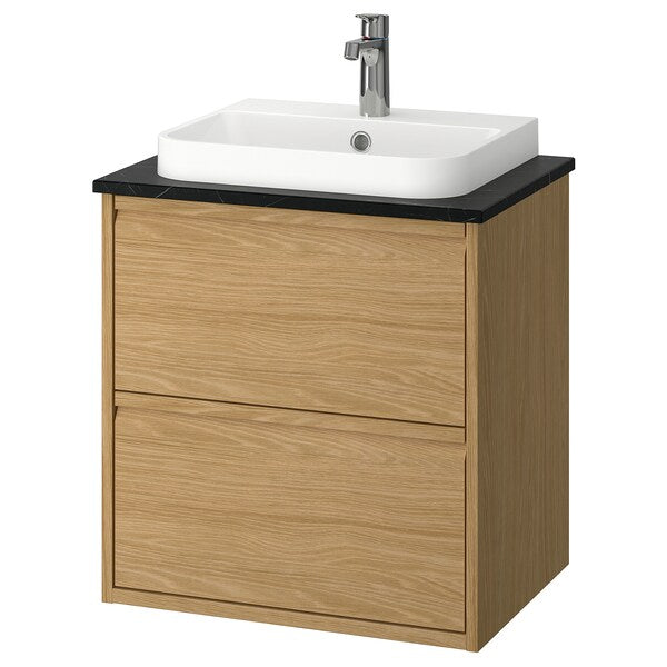 ÄNGSJÖN / BACKSJÖN - Washbasin/drawer unit/misc, oak/black marble effect,62x49x71 cm