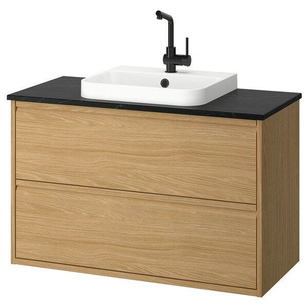 ÄNGSJÖN / BACKSJÖN - Washbasin/drawer unit/misc, oak/black marble effect,102x49x71 cm - best price from Maltashopper.com 89521600