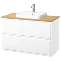 ÄNGSJÖN / BACKSJÖN wash-stnd w drawers/wash-basin/tap, high-gloss white/bamboo, 102x49x71 cm