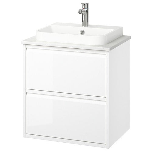 ÄNGSJÖN / BACKSJÖN - Washbasin/drawer unit/misc, glossy white/marble white effect,62x49x71 cm