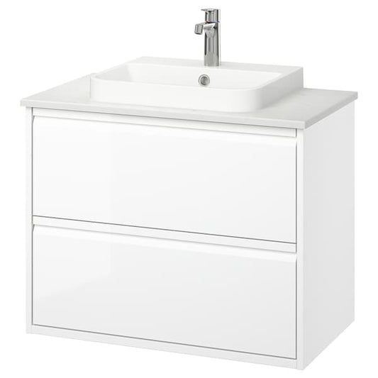 Ikea ÄNGSJÖN / BACKSJÖN - Washbasin/drawer/misc cabinet, glossy white/marble white effect,82x49x71 cm