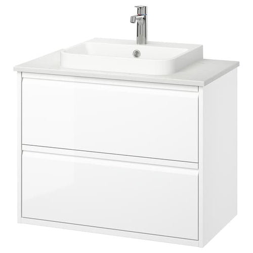 ÄNGSJÖN / BACKSJÖN - Washbasin/drawer/misc cabinet, glossy white/marble white effect,82x49x71 cm