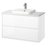 ÄNGSJÖN / BACKSJÖN wash-stnd w drawers/wash-basin/tap, high-gloss white/white marble effect, 102x49x71 cm