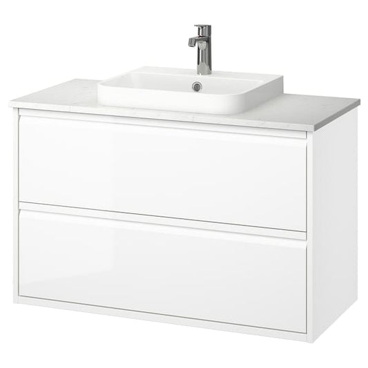 Ikea ÄNGSJÖN / BACKSJÖN - Washbasin/drawer unit/misc, glossy white/marble white effect,102x49x71 cm