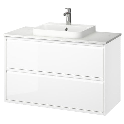 ÄNGSJÖN / BACKSJÖN - Washbasin/drawer unit/misc, glossy white/marble white effect,102x49x71 cm