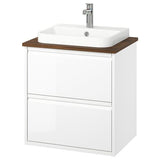 ÄNGSJÖN / BACKSJÖN wash-stnd w drawers/wash-basin/tap, high-gloss white/brown walnut effect, 62x49x71 cm