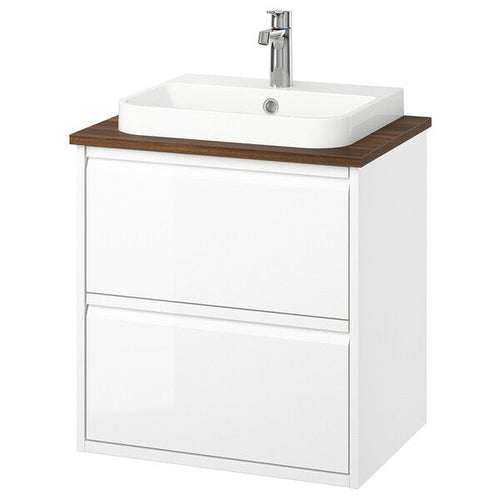 ÄNGSJÖN / BACKSJÖN - Washbasin/drawer unit/misc, gloss white/brown walnut effect,62x49x71 cm