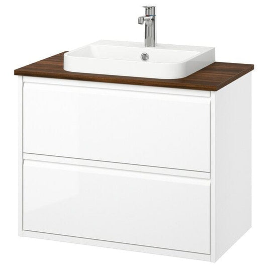 Ikea ÄNGSJÖN / BACKSJÖN - Washbasin/drawer unit/misc, gloss white/brown walnut effect,82x49x71 cm