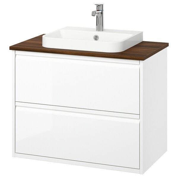 Ikea ÄNGSJÖN / BACKSJÖN - Washbasin/drawer unit/misc, gloss white/brown walnut effect,82x49x71 cm