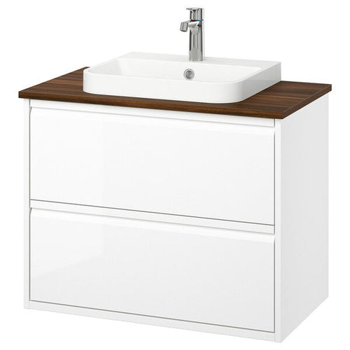 ÄNGSJÖN / BACKSJÖN - Washbasin/drawer unit/misc, gloss white/brown walnut effect,82x49x71 cm