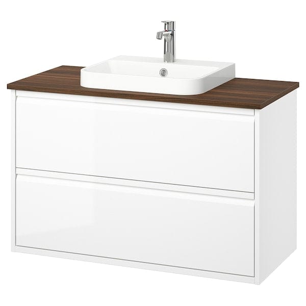 Ikea ÄNGSJÖN / BACKSJÖN - Washbasin/drawer unit/misc, gloss white/brown walnut effect,102x49x71 cm