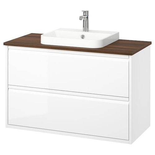 ÄNGSJÖN / BACKSJÖN - Washbasin/drawer unit/misc, gloss white/brown walnut effect,102x49x71 cm