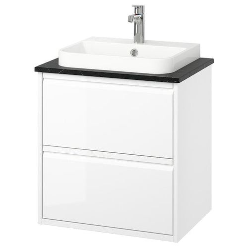 ÄNGSJÖN / BACKSJÖN - Washbasin/drawer unit/misc, glossy white/black marble effect,62x49x71 cm