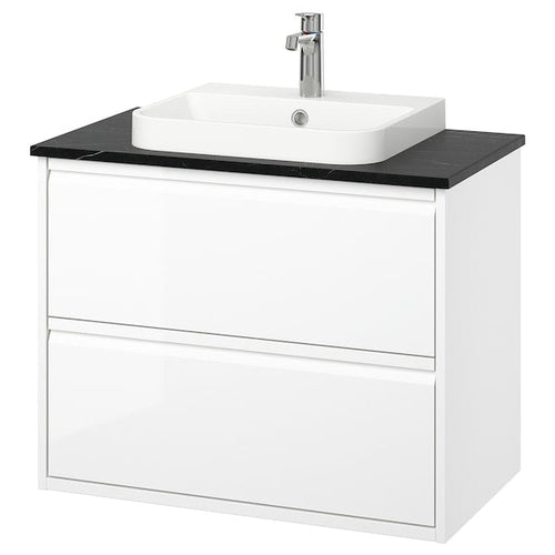 ÄNGSJÖN / BACKSJÖN - Washbasin/drawer unit/misc, glossy white/black marble effect,82x49x71 cm